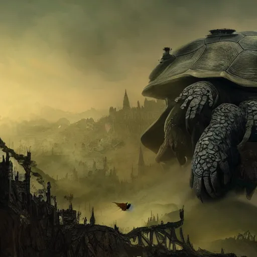 Prompt: gargantuan tortoise with a large fantasy castle armor walking through a sandy wasteland, howls moving castle, mortal engines, kaiju, distant shot birds eye view, fantasy, hyper detailed, 4 k,