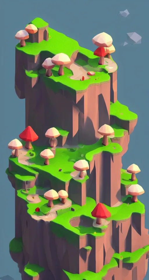 Prompt: a cute little matte low poly isometric mushroom island, waterfalls, mist, lat lighting, soft shadows, trending on artstation, 3d render, monument valley, fez video game,