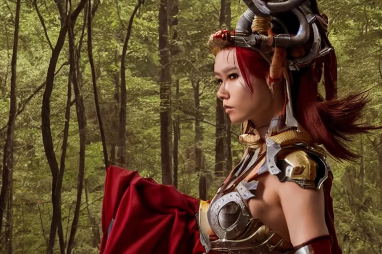 Image similar to vfx movie scene closeup nomad cyborg warrior viking geisha in a smoldering forest. by emmanuel lubezki