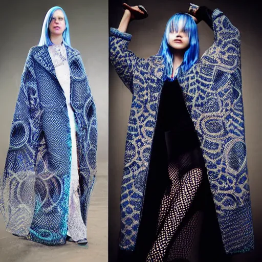 Image similar to fashion 2 0 5 0 fantastic openwork long coat with intricate pattern on a beautiful symmetrical girl with blue hair, hyper realistic photos