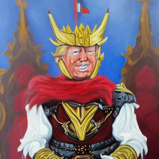 Image similar to oil painting of trump in midevil armor in castle on throne