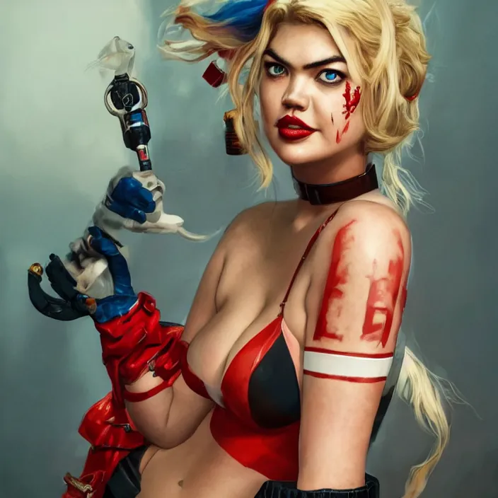 Image similar to portrait of Kate Upton as a harley quinn. intricate abstract. intricate artwork. by Tooth Wu, wlop, beeple, dan mumford. octane render, trending on artstation, greg rutkowski very coherent symmetrical artwork. cinematic, hyper realism, high detail, octane render, 8k, iridescent accents