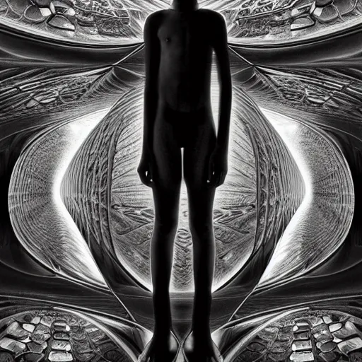 Image similar to a breathtaking 8 k resolution matte painting of a black boy lost inside a vast and endless four dimensional hall of mirrors, in a surreal psychedelic style, by m. c. escher and alex grey and android jones