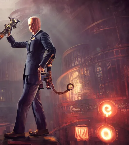 Image similar to joe biden cosplaying bioshock, by wlop, by simon stalengrad, bioshock screenshot, photorealistic fan art, intricate shading, steampunk, patriot