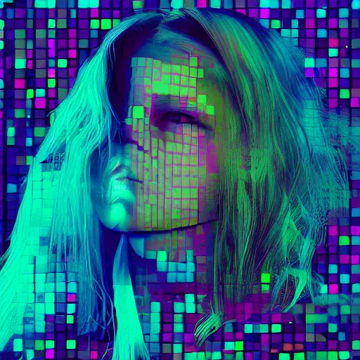 Image similar to glitchart young woman dreaming in vr, glitches, digital, hologram