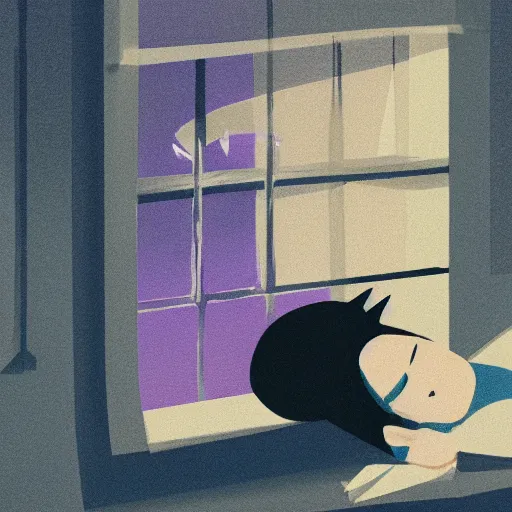 Image similar to man sleeping, a boy with purple hair and cat ears standing in window, dark lighting