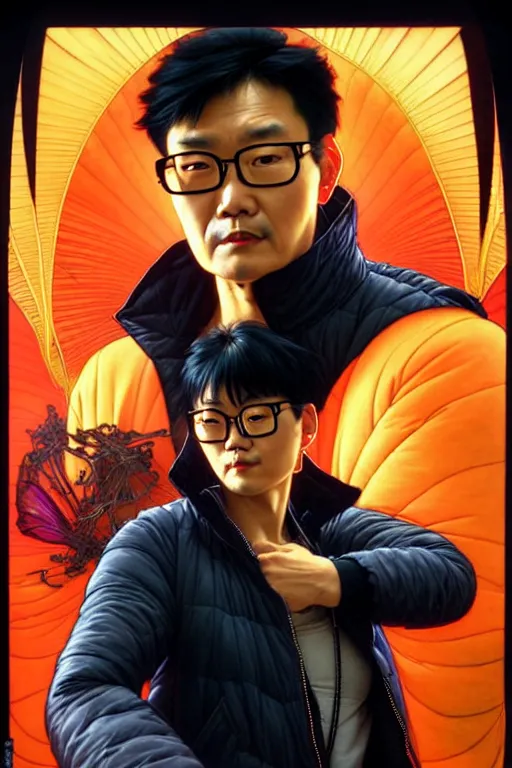 Image similar to a middle aged asian man with short black hair, broad shoulders, thick round spectacles, wearing a bright orange bomber jacket, seductive cyberpunk dark fantasy, art by artgerm and karol bak and moebius and alphonse mucha and greg rutkowski, hyperdetailed, ultrarealistic, octane render
