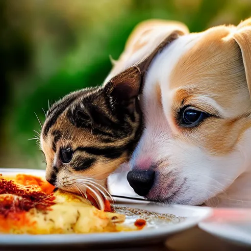 Image similar to photography of a puppie sharing his meal with a small baby cat, animal photography, award winning photography by Leonardo Espina