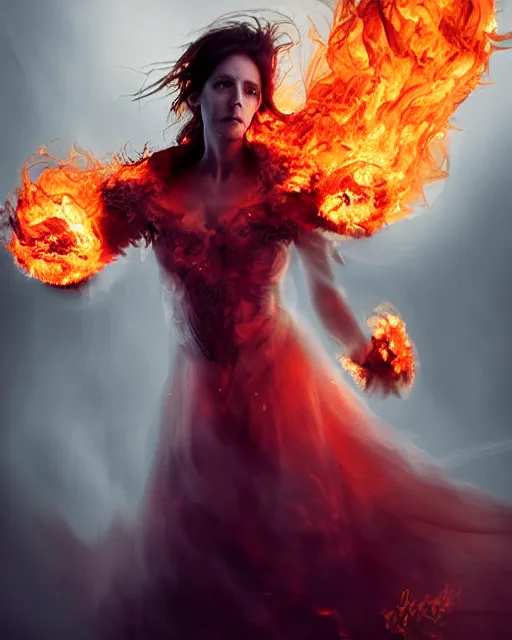 Prompt: woman wearing burning dress engulfed in large glowing flames, Alexander McQueen, Elden Ring, billowing smoke, fashion photoshoot, raymond swanland, artgerm,