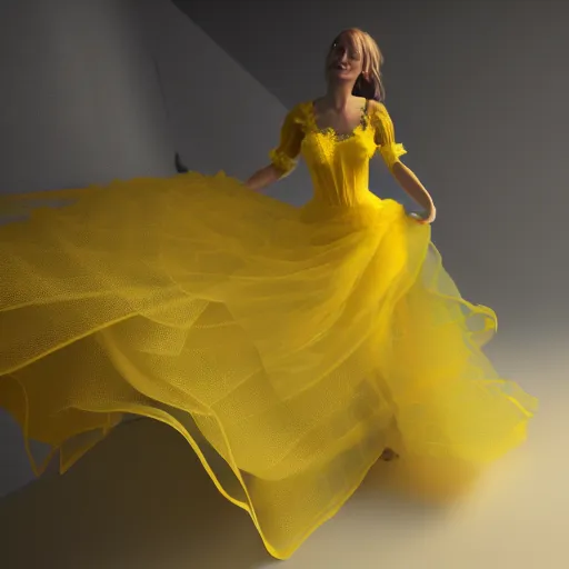 Image similar to woman in yellow organza dress dancing, ultra realistic, concept art, intricate details, dark vibe, highly detailed, photorealistic, octane render, 8 k, unreal engine,