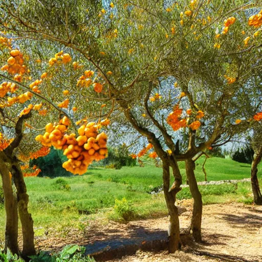 Prompt: a beautiful sunny afternoon in Northern Portugal, countryside, gardens with orange trees and lemons trees