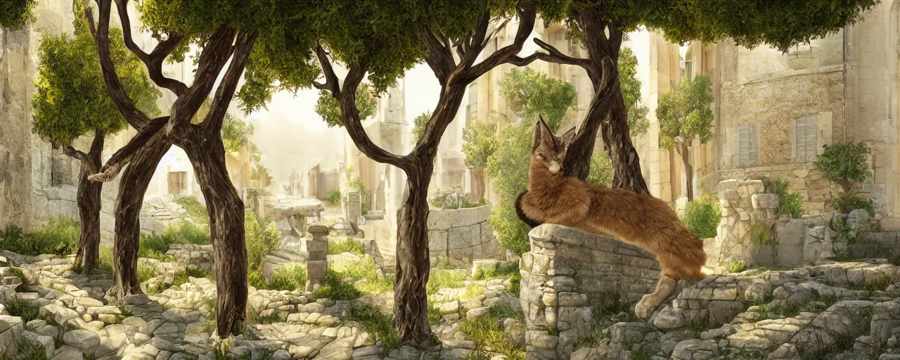 Image similar to cute fluffy caracal wearing toga, in ancient greek town, marble columns, olive trees, sunny, a beautiful landscape by gediminas pranckevicius