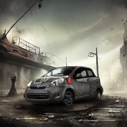 Image similar to a 2010 grey Nissan Micra in a post-apocalyptic environment, trending on ArtStation