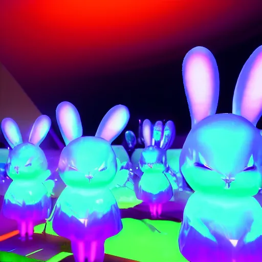 Image similar to neon fluorescent, iridescent cute bunny rabbits with fairy wings cyperpunk 2 0 7 7, unreal engine 5, 8 k ultra realistic, hyperdetailed, volumetric lighting, extremely high quality