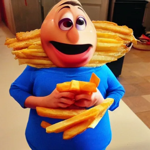 Image similar to [ a french fry chip ] shaped like stephen fry as a pixar character hybrid intercross mix