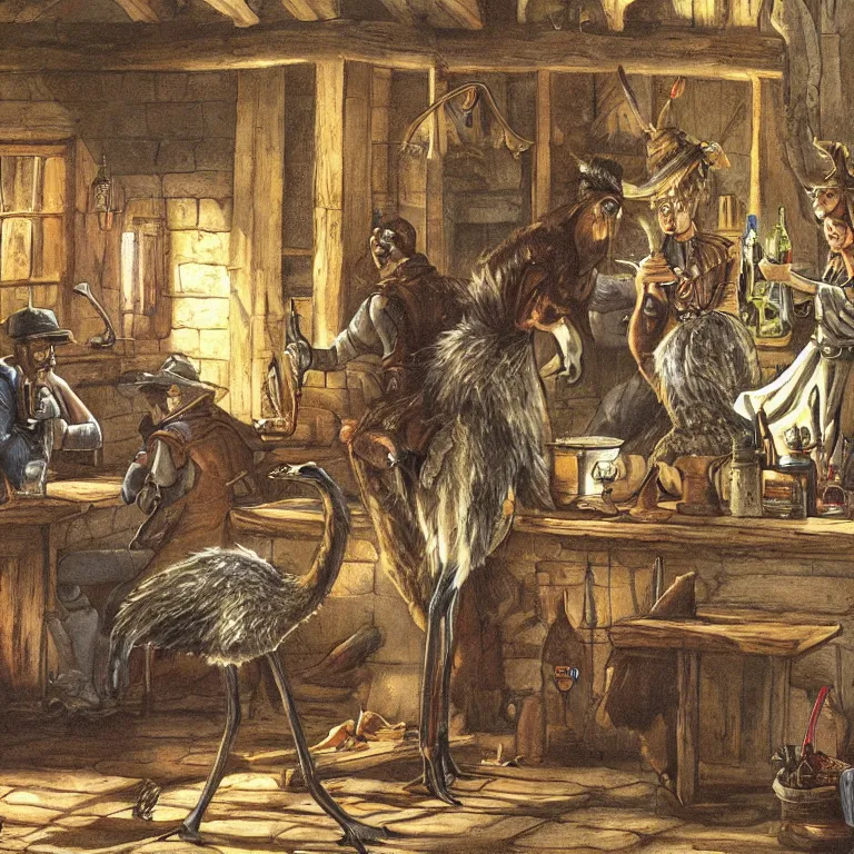 Image similar to a single emu in a tavern, fantasy rpg book illustration