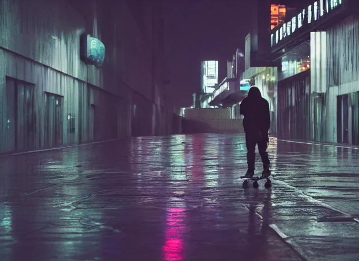 Prompt: a person with long, flowing hair skateboards through an empty brutalist city in the rain, colored gel lighting, reflective surfaces, midnight, portra, film grain, high contrast, chromatic aberration, reminiscent of blade runner, dynamic pose