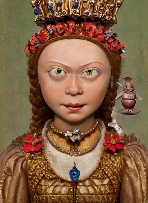 Image similar to closeup medieval jan van eyck face portrait of tin toy greta thunberg medieval goblin as a fairytale princess wearing a crown eating cakes in the castle, bikini, detailed and intricate environment, nicoletta ceccoli, mark ryden, lostfish, hyperrealistic, octane render