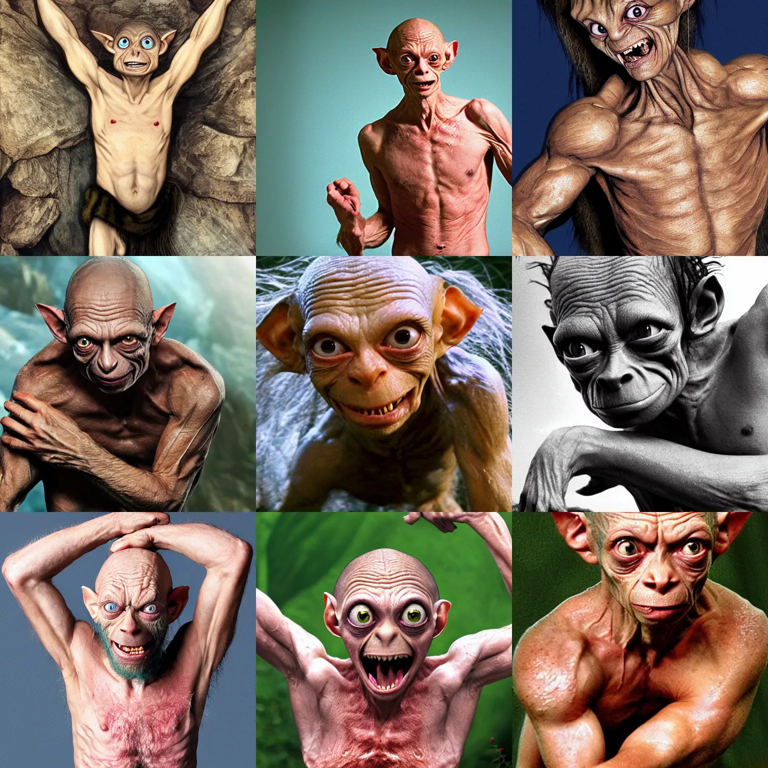 Prompt: high-resolution photograph of a Gollum showing off his hairy armpits