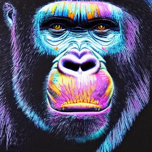 Prompt: hyper realis. portrait, embroidery, gorilla face made out of multi-coloured yarn, psychedelic,