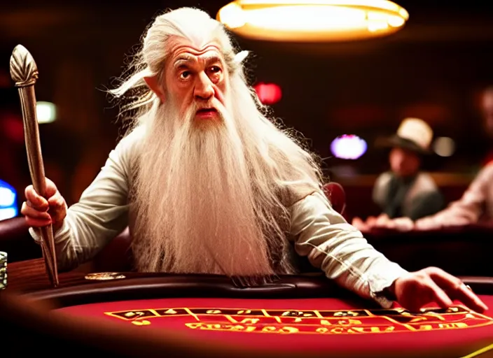 Prompt: film still of gandalf gambling in a casino in new martin scorsese movie, 8 k