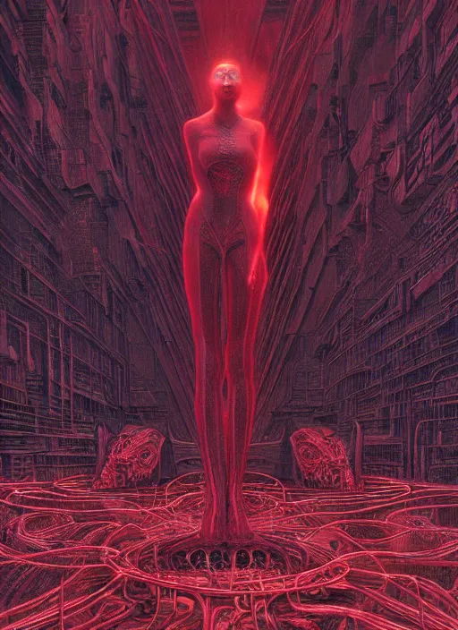 Image similar to Wanda Maximoff, dynamic pose, standing in a h.r. giger city, red, glowing, wires everywhere, by Edgar Maxence and Ross Tran, Zdzisław Beksiński, and Michael Whelan, distant, gustav dore, H.R. Giger, 8k, octane render