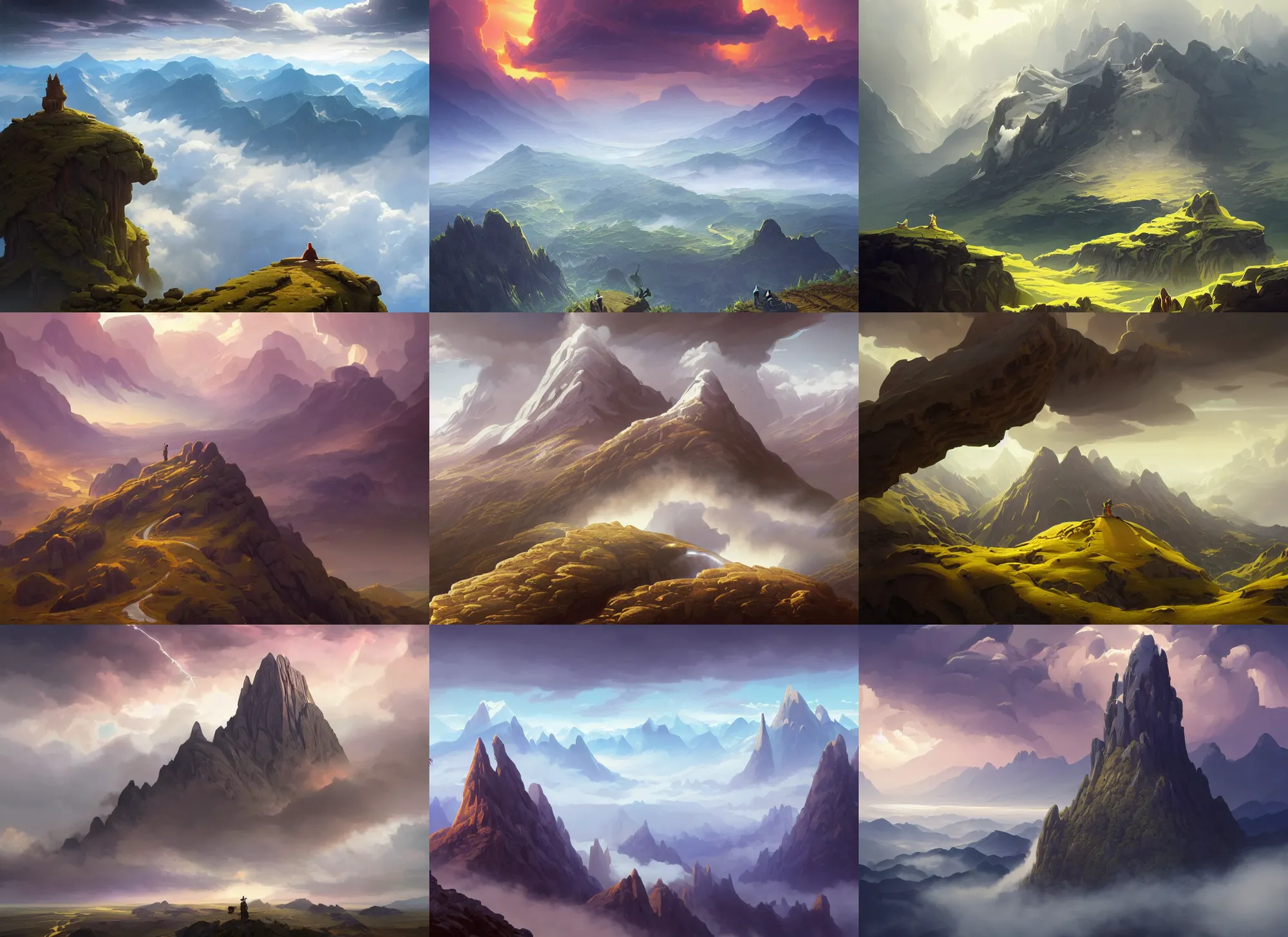 Prompt: mountain landscape without people, extreme view angle, above low layered clouds, thunder sky, deep focus, fantasy, intricate, elegant, highly detailed, digital painting, artstation, concept art, matte, sharp focus, illustration, hearthstone, art by rhads and artgerm and greg rutkowski and alphonse mucha.