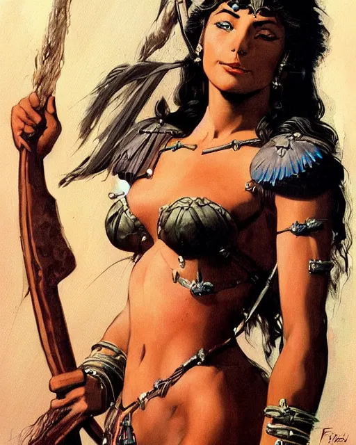 Image similar to a stunning portrait of an amazonian princess, fantasy art by Frank Frazetta, highly detailed, trending on artstationhq