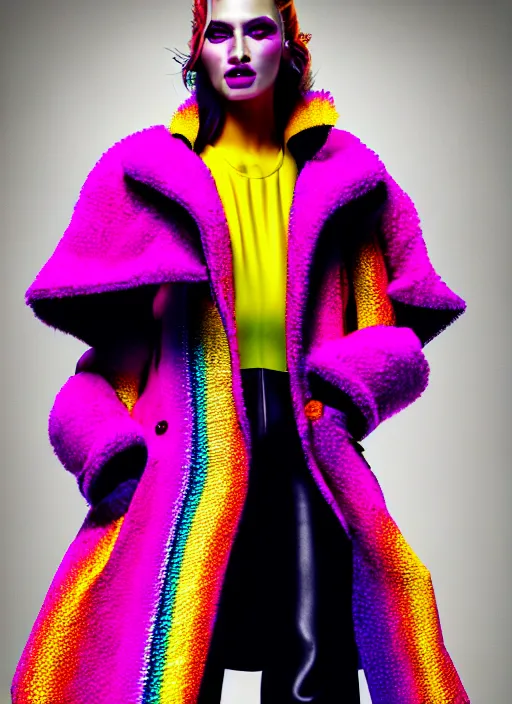 Prompt: coat for a rave, bright colors, many details, prints, photo for a magazine, photo for a store, fashion photography, Vogue, 135 mm, cinematic, hyper realism, high detail, 8k, chrome accents, perfect face