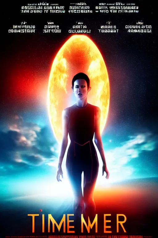 Image similar to a movie poster of the sci - fi movie time runner ( 2 0 1 8 ), starring a black haired woman in a tank top, very detailed face, robots, clouds, mystery