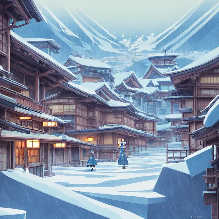 Image similar to empty japanese mountain city, winter, in the style of studio ghibli, j. c. leyendecker, greg rutkowski, artem