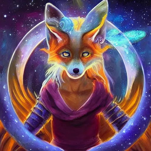 Image similar to a painted avatar portrait of an awesome cosmic powerful humanoid kitsune fox mage themed around life and death and the stars and the cosmos, in the style of dnd beyond avatar portraits, beautiful, artistic, elegant, lens flare, magical, lens flare, nature, realism, stylized, art by jeff easley