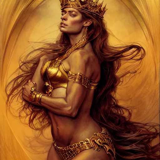 Prompt: highly detailed portrait of a majestic lioness queen in the form of a beautiful woman. d & d. art by eugene delacroix, donato giancola, anna dittmann, arthur adams. trending on artstation, intricate details, energetic composition, golden ratio, concept art, illustration, elegant art, global illuminaition