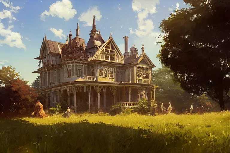 Image similar to an ornate victorian house, party inside, scene in an open field. 1 8 9 0, key visual, conceptart, ambient lighting, highly detailed, digital painting, artstation, concept art, sharp focus, by makoto shinkai and akihiko yoshida and greg manchess