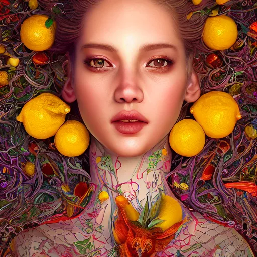 Prompt: the portrait of an absurdly beautiful, graceful, elegant, sophisticated, mature vixen made up of lemons looking up, an ultrafine hyperdetailed illustration by kim jung gi, irakli nadar, intricate linework, bright colors, octopath traveler, final fantasy, unreal engine 5 highly rendered, global illumination, radiant light, detailed and intricate environment