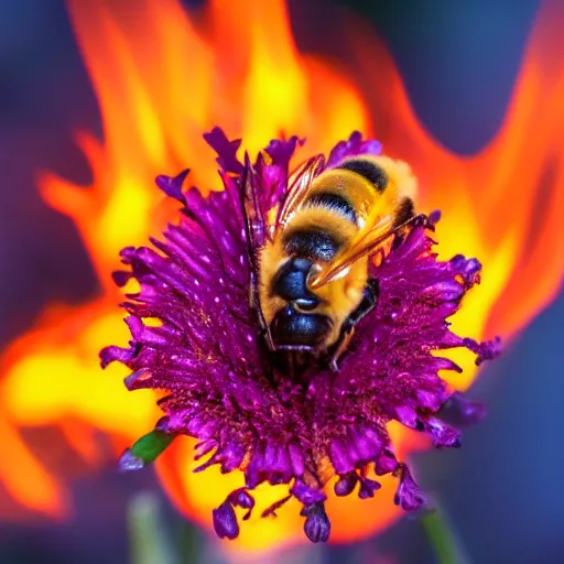 Prompt: a bee landing on a burning flower, the background is on fire, there is fire everywhere, macro photography