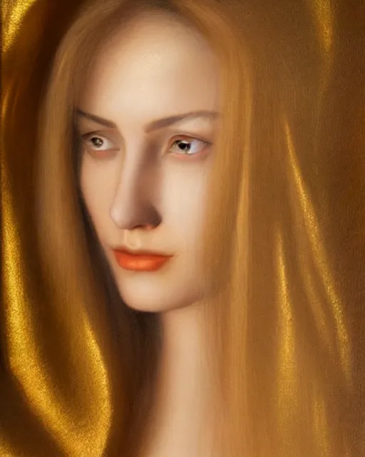 Prompt: realistic portrait of a mysterious woman made of gold in silky clothes with long golden hair, detailed, 1 4 5 0, delicate, hyper realism, ultra realistic, 8 k