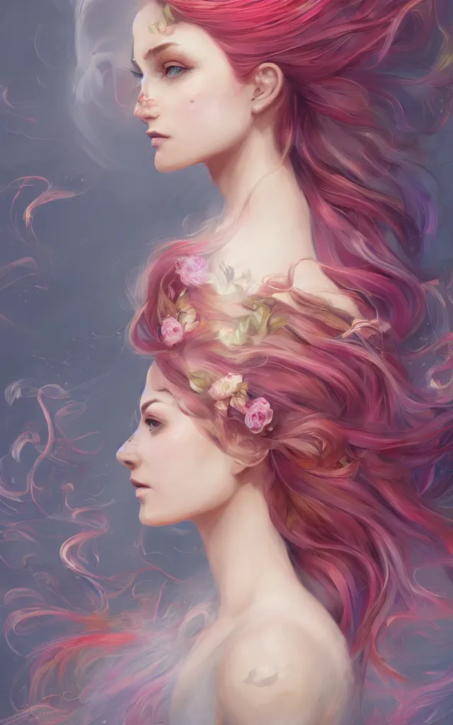 Prompt: a colorful and provenance illustrations painting of the fantasy female who with floral wing, highly detailed, her hair made of hair made of air wind and curling smoke, mist, dust, genie, spirit fantasy concept art, art by charlie bowater and ketner, jeremiah, trending on artstation.