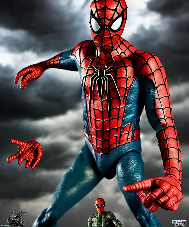 Image similar to hyperrealistic rendering, epic boss battle, cronenberg flesh monster spider man, by art of skinner and richard corben, product photography, collectible action figure, sofubi, hottoys, storm clouds, outside, lightning