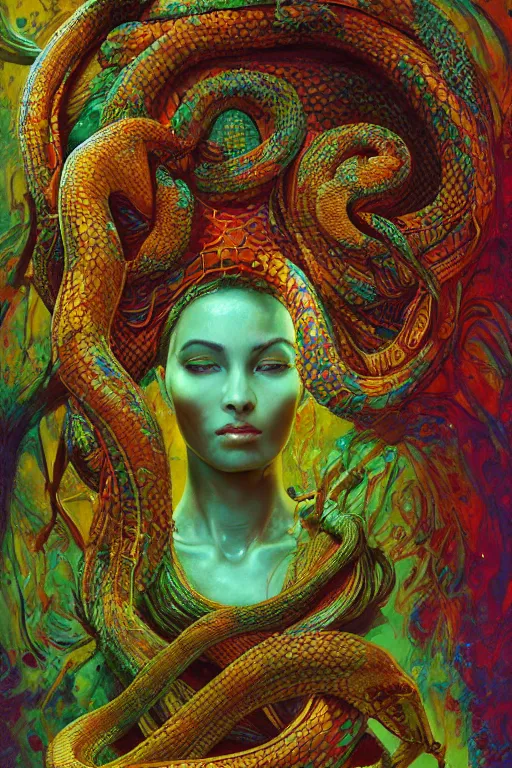 Prompt: an hiper intricate oil portrait of a beautifull snake godess surounded by melting colorfull wax drips, colorfull, excelent composition, wide shot, by zdzislaw beksinski, intricate, unreal engine 5 highly rendered, global illumination