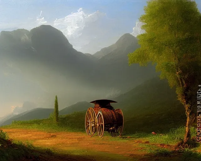 Prompt: a painting of a covered wagon traveling down a road by a mountain, lush countryside, early morning, thomas cole, ted nasmith