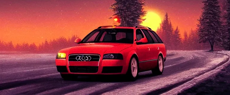 Image similar to Audi A4 B6 Avant (2002), a gritty neo-noir, dramatic bright lighting, cinematic, establishing shot, extremely high detail, photorealistic, cinematic lighting, artstation, by simon stalenhag, Snowy mountain road, At night, flashing lights