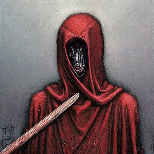 Image similar to The faceless god of chaos in a hood with a scarlet scythe dark fantasy, intricate, smooth, artstation, painted by zdislav beksinski