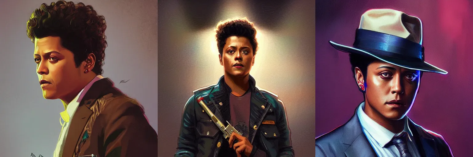 Prompt: portrait of Bruno Mars as a detective, highly detailed, digital painting, artstation, concept art, sharp focus, illustration, art by artgerm and greg rutkowski and alphonse mucha