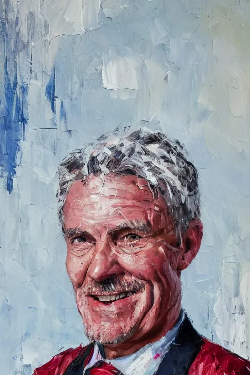 Image similar to palette knife oil painting portrait of lars erickson, a greying man who is relaxed and reliant. he wears a suit shirt with no jacket, red suspenders, a loose tie, and folded up sleeves. dashing smile., extreme detail, artstation trending, noir, artgerm, any racial background, deviant art, octane, substance, art history 8 k