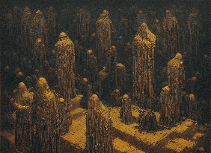 Image similar to people worshipping a black cube by beksinski
