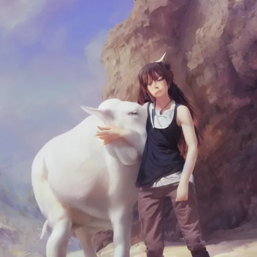 Image similar to a person hugging a large white animal, a detailed painting by krenz cushart, pixiv contest winner, fantasy art, official art, detailed painting, pixiv. highly detailed. 4 k masterpiece. photo realistic. realism. photorealism wideshot