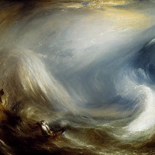 Prompt: giant octopus thrashing about in the rain on a stormy ocean, by jmw turner