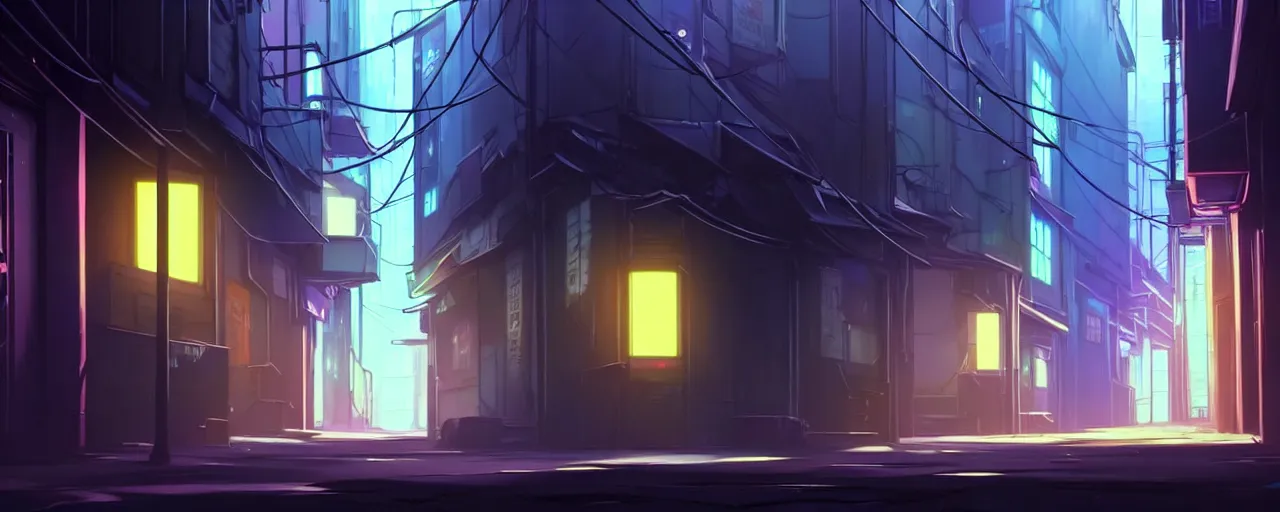 Image similar to a close up of a city alleyway in the atmospheric cyberpunk anime film, gouache matte background painting, neon noir, at night with lights, by makoto shinkai, in the anime series ergo proxy, beautiful specular edge highlights and rim lighting