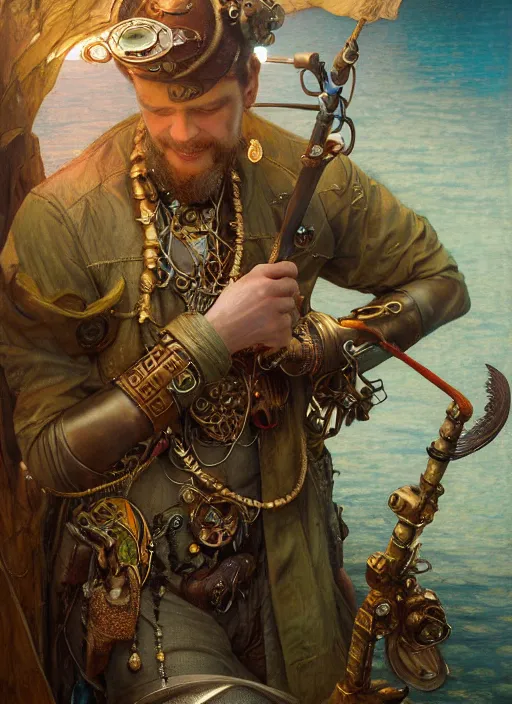 Image similar to hyper realistic fisherman, birds eye view, magical, gems, jewels, gold, steampunk, cyberpunk utopia, painted by tom bagshaw, mucha, gaston bussiere, craig mullins, j. c. leyendecker 8 k